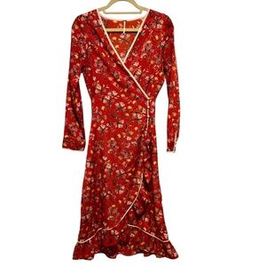 Free People Covent Garden Red Floral Wrap Midi Dress Ruffled Size 6